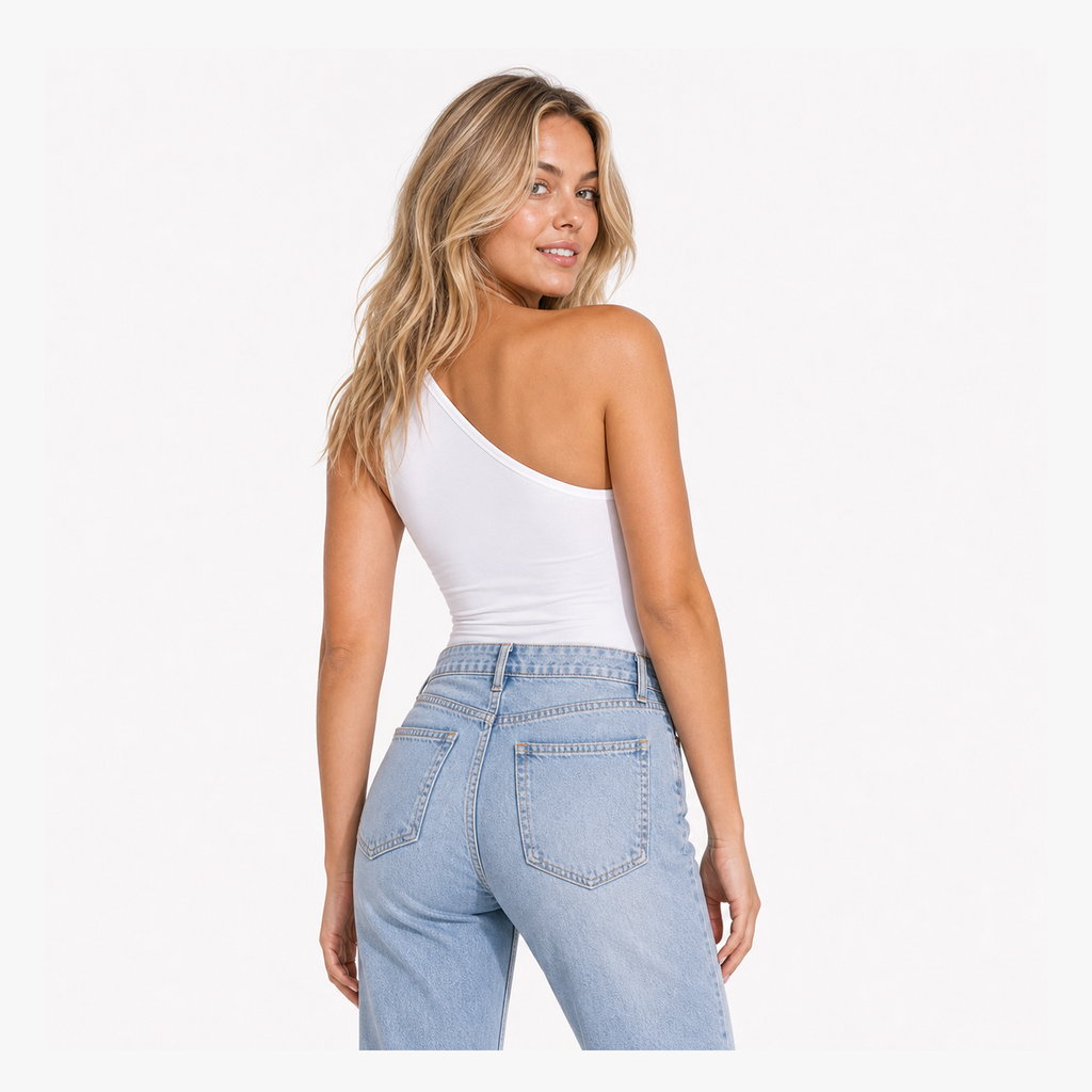 LYBDY One Shoulder Lace Bodysuit original jeans model back