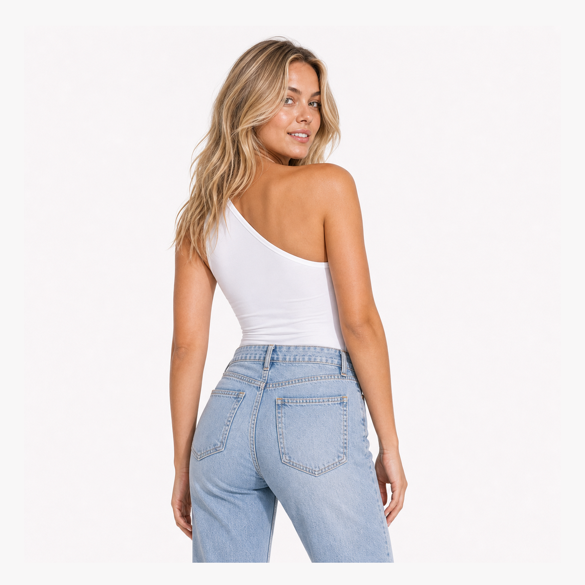 LYBDY One Shoulder Lace Bodysuit original jeans model back