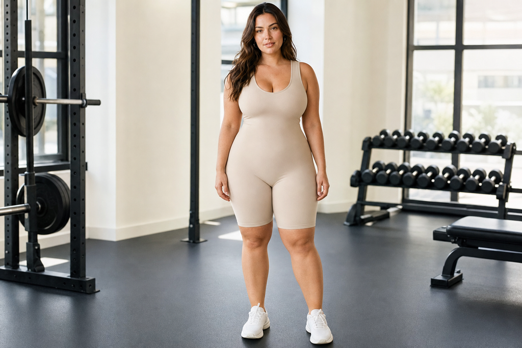 Model front gym - wide tank straps scoop neck