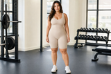 Model front gym - wide tank straps scoop neck